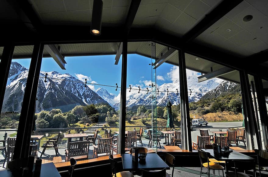 mount szakács, hegy, új Zéland, reggel, tájkép, szálloda, fedett, utazás, asztal, hó, ablak