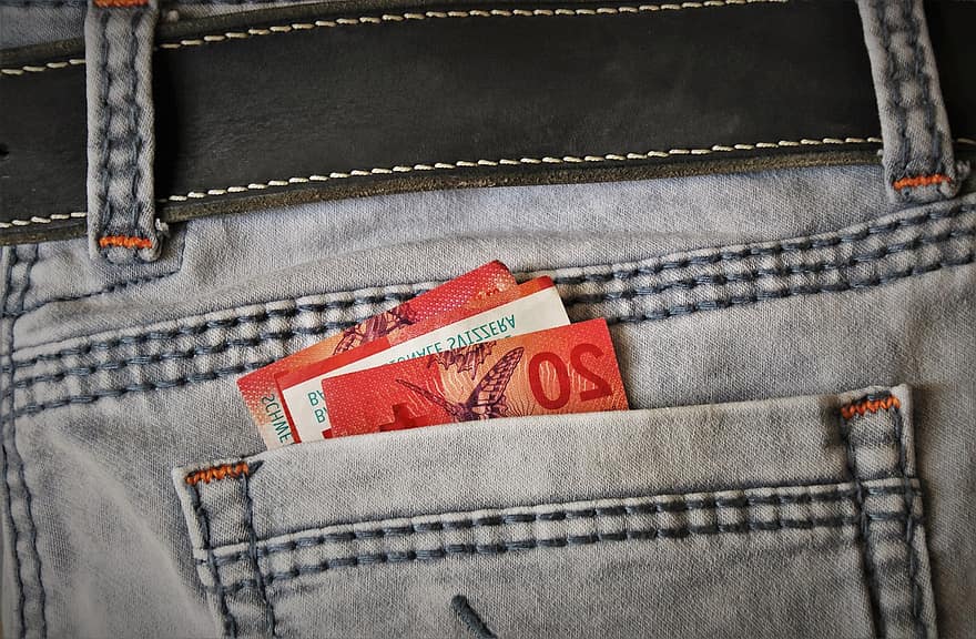 jeans, calça, bolso, preços, contas, chf, dinheiro, notas de euro, bancário, roupas, dinheiro de bolso