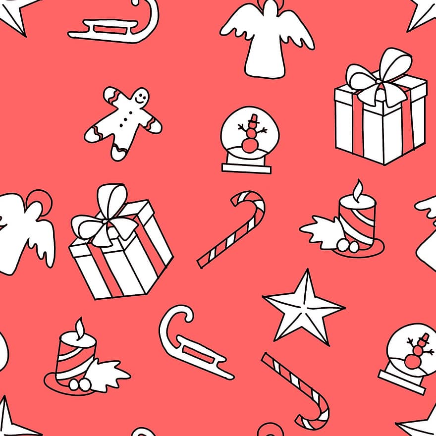 Kalėdos, doodle, besiūlių tekstūrų, šventė, kamanas, žvakė, sniego žmogus, cukranendrė, piešimas, angelas, primityvus