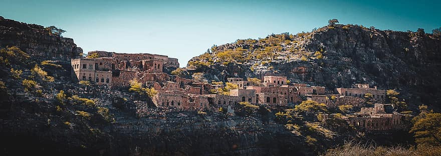 sat, Munte, Oman, ruine, arhitectură, loc faimos, culturi, Africa, exteriorul clădirii, vechi, destinații de călătorie