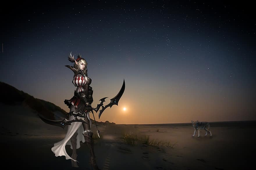 Background, Desert, Warrior, Coyote, Fantasy, Woman, Archer, Bow And Arrow, Female, Avatar, Character