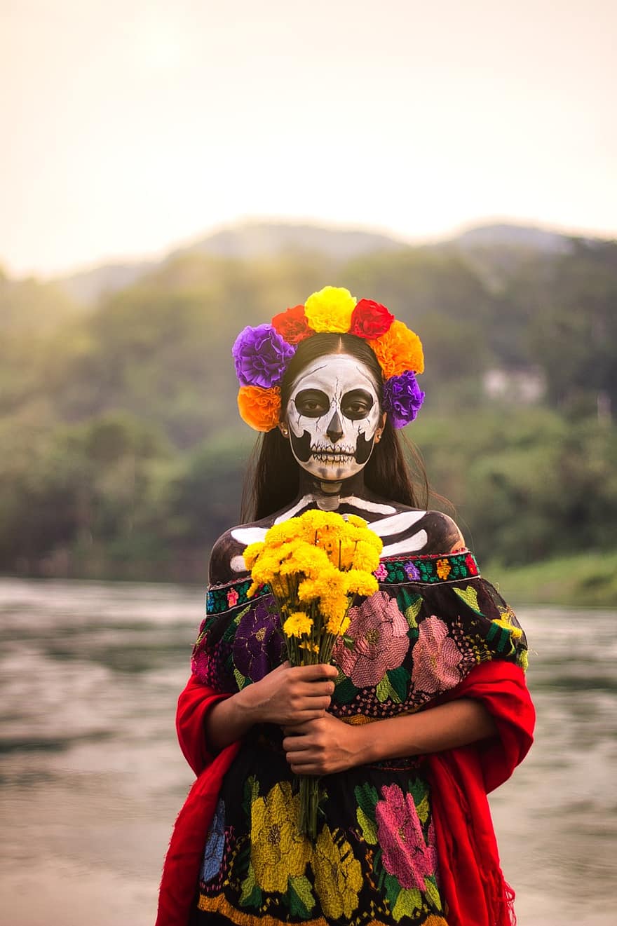 jovem, menina, catrina, dia dos Mortos, pintura facial, touca, traje, mulher, fantasma, cultura mexicana, mexicano