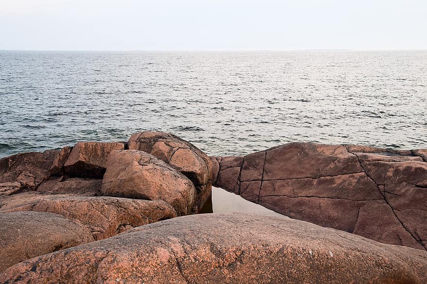 rochas, oceano, mar, por do sol, Verão finlandês, Finlândia, verão, panorama, natureza, agua, tarde