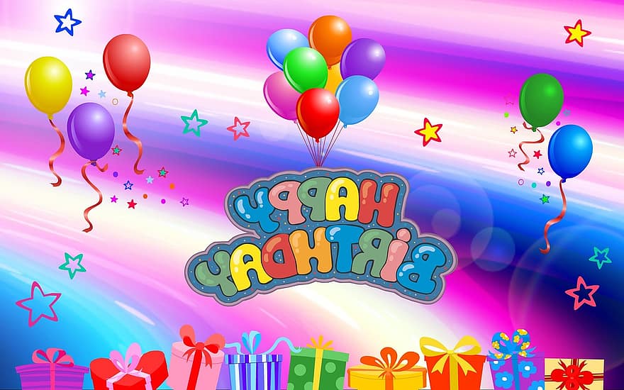 urodziny, Wszystkiego najlepszego, balony, kartka z życzeniami, kartka urodzinowa, życzenia urodzinowe, uroczystość, przedstawia, prezenty, świętować urodziny, obraz urodzinowy