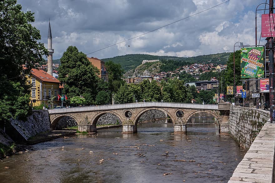 bro, flod, byggnader, sarajevo, stad, urban, huvudstaden, Miljackafloden, arkitektur, Bosnien och Hercegovina