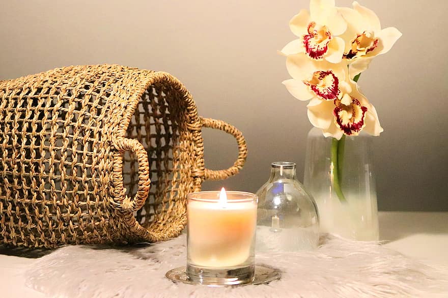 orchideje, svíčka, relaxace, světlo svíček, wellness, váza, květ, dekorace, košík, uvnitř, detail