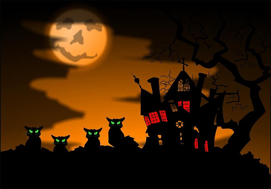 Хелоуин фон, Хелоуин, котки, зловещ, страшен, обитавана от духове къща, празник, Черна котка