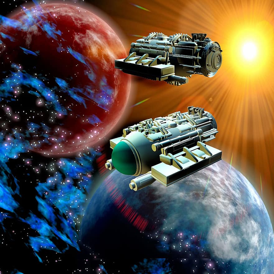 kosmická loď, slunce, prostor, vzdálený, sci-fi, utopie, fantazie, slunečního světla, planeta, atmosféra, osvětlení