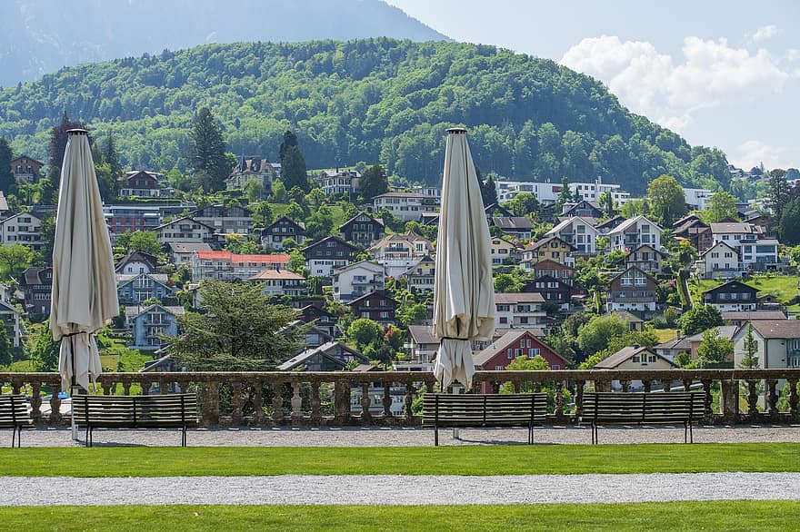 Швейцария, Шпиц, град, пейзаж, архитектура, лято, трева, зелен цвят, християнство, дърво, покрив