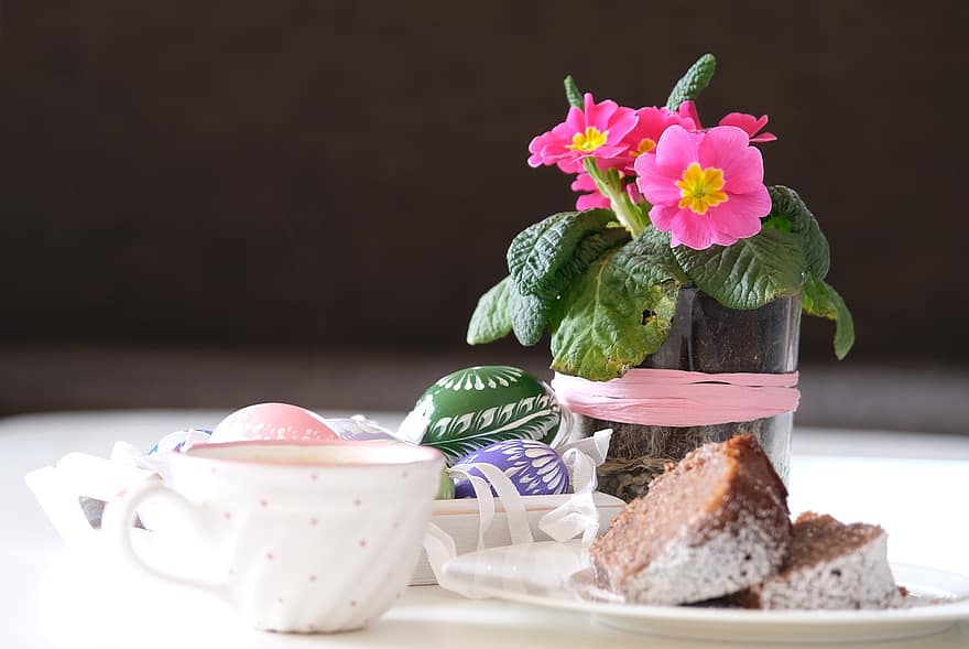 Kawa, Wielkanoc, ciasto czekoladowe, ciasto, deser, kwiat, zbliżenie, świeżość, jedzenie, kolor różowy, roślina