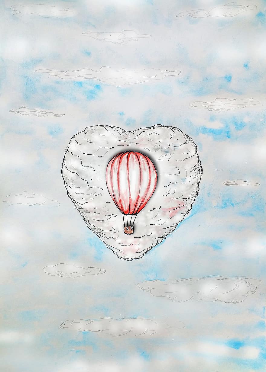 balon udara, awan, cat air, balon, langit, jantung, cinta, kelembutan, percintaan, romantis, simbol