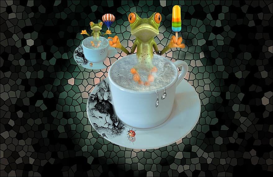 Coffee, Coffee Cup, Frog, Ice Cream, Foam, Morning, Photoshop, Manipulation