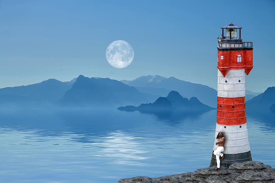 Lighthouse, Man, Moon, Full Moon, Sea, Reflection, Mystic, Atmospheric, Night Sky, Atmosphere