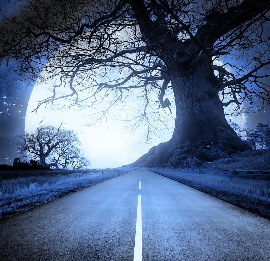 la carretera, Luna, fantasía, árbol, noche, Luna llena, brillar, medianoche, Noche, paisaje, al aire libre