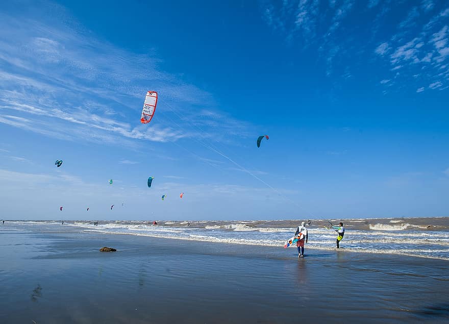 kite, människor, strand, hav, vågor, surfare