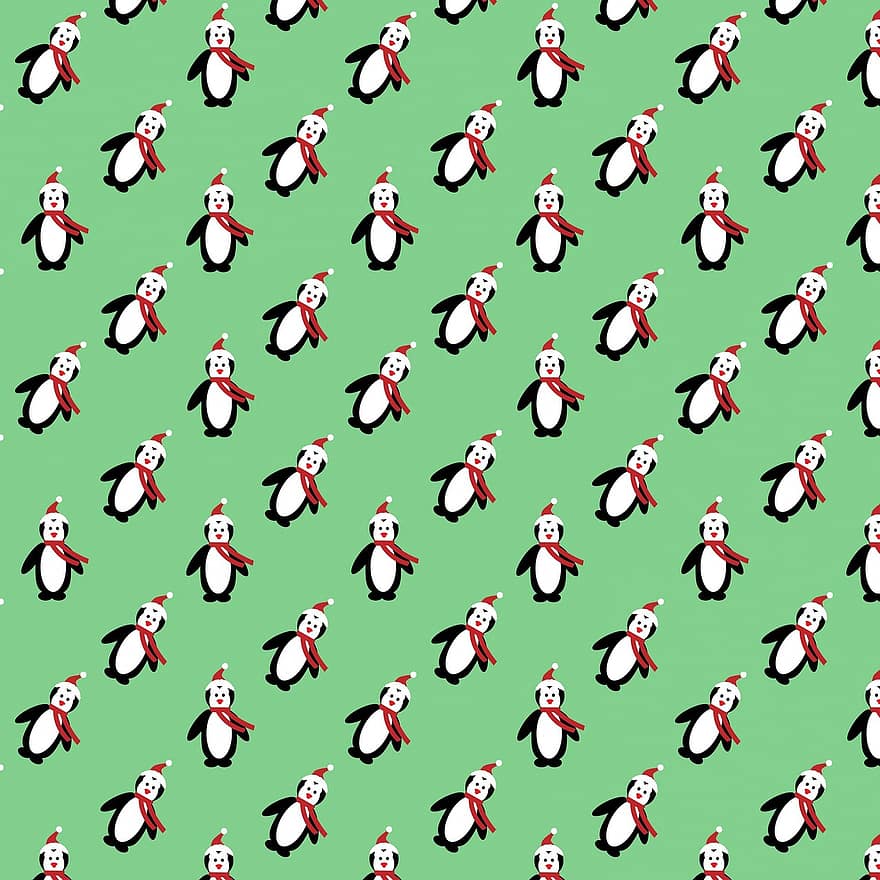 jul, pingvin, pingviner, söt, grön, bakgrund, tapet, papper, omslagspapper, konst, design