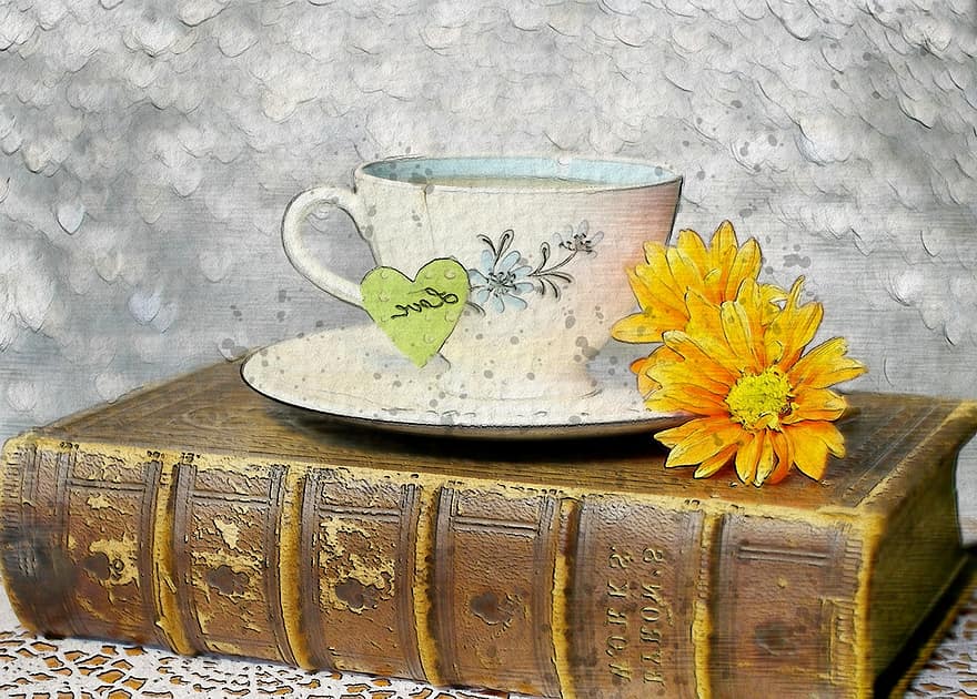 tasse, thé, se détendre, livre, vieux, ancien, fleur, jaune, numérique, art, travail