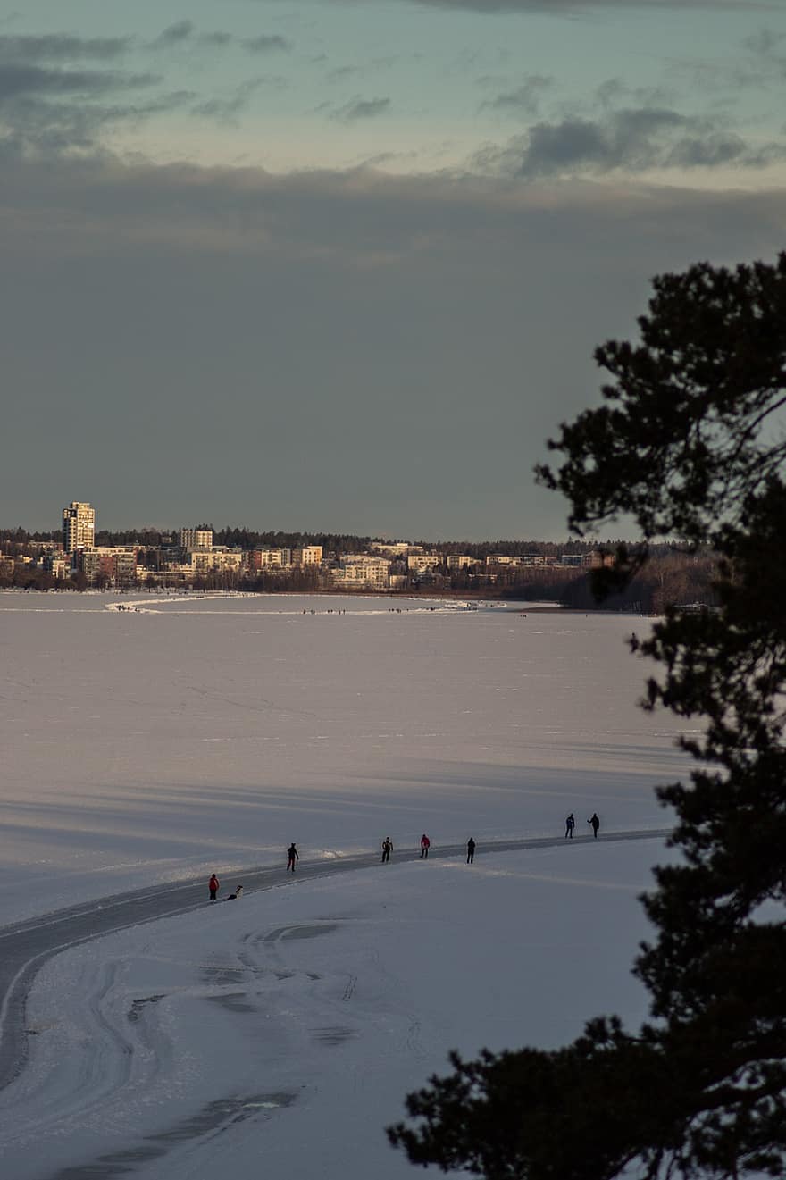 пейзаж, езеро, лед, каране на кънки, Туусула, Финландия, сутрин, зима, сняг, вода, сезон