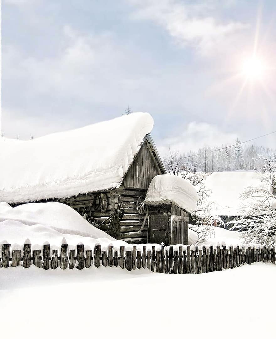 stuga, hus, snö, vinter-
