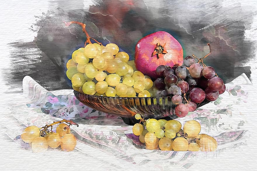 포도, 과일, 폐물, 과일 바구니, 정물, 디지털 아트, 그림, 수채화