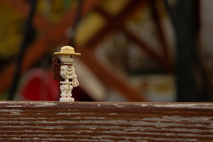 esquelet, lego, joguina, explorador, crani, barret, fusta, homes, primer pla, taula, sol objecte
