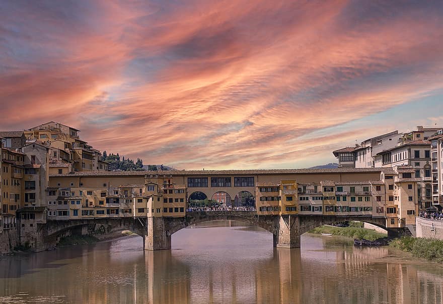 Понте Веккио, мост, Флоренция, река, здания, архитектура, исторический, старый, дома, завод, туризм