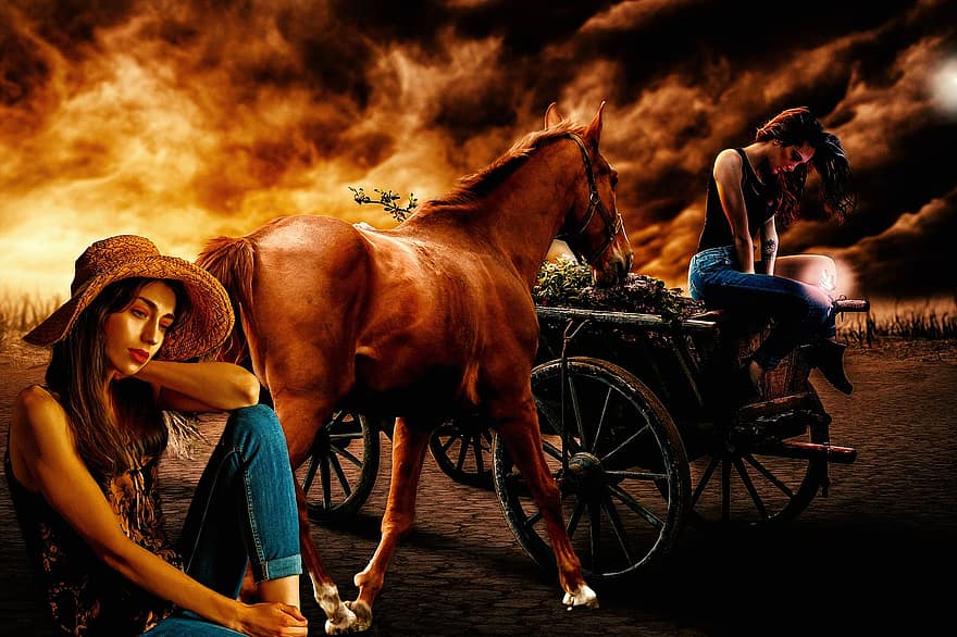 kvinnor, ledsen, häst, vagn, flickor, systrar, ensam, sorg, djur-, häst-, dramatisk
