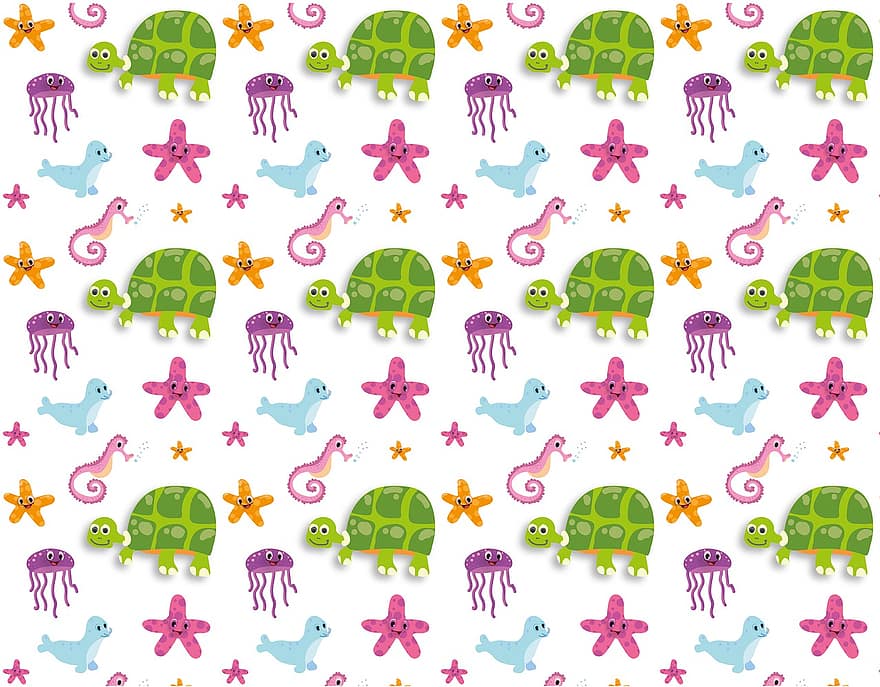 Turtles, Animals, Sea Life, Marine Life, Ocean Life, Starfish, Seahorses, Jellyfish, Pattern, Background
