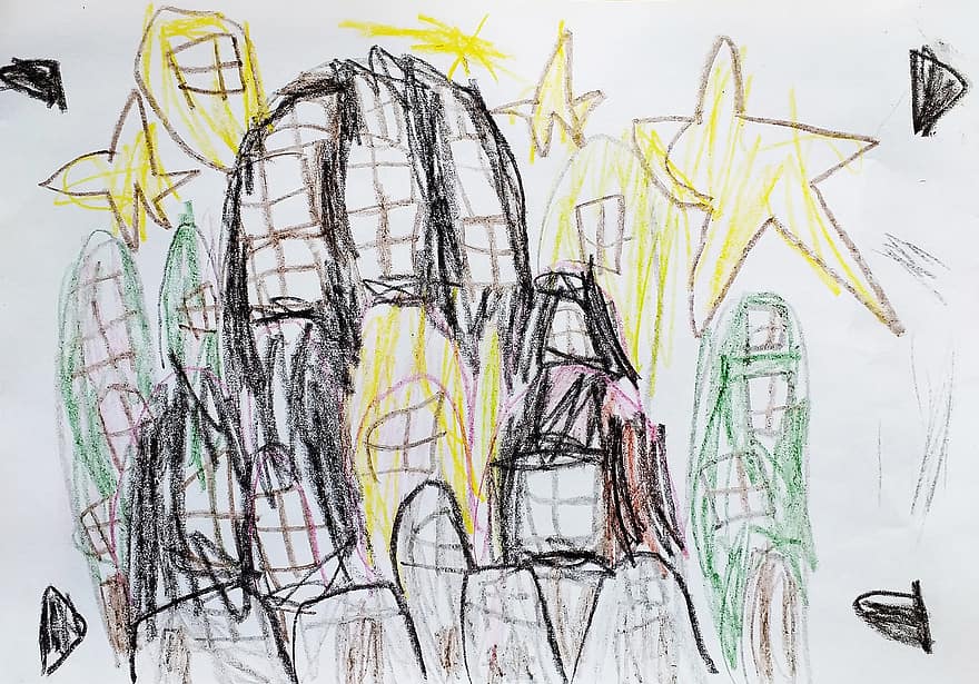 città, stelle, disegno, costruzione, arte, il disegno di un bambino, pastello, gesso, a casa, I bambini disegnano, giovane artista