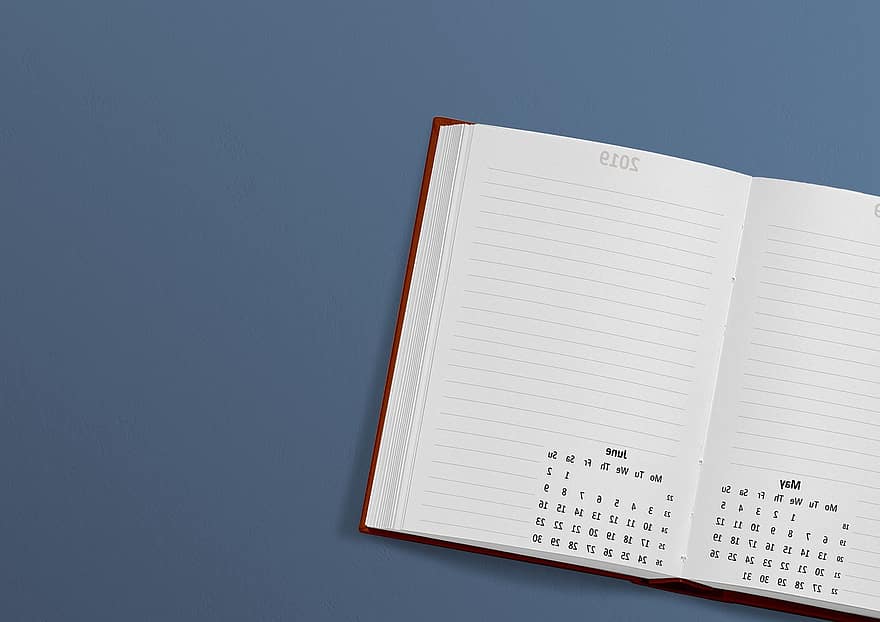 kalender, boek, 2019, datum, mei, juni, week, maand, bureau, agenda, aantekeningen