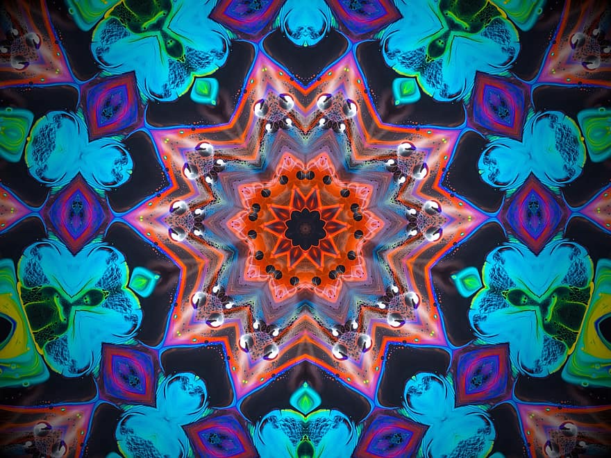 caleidoscop, fundal colorat, rozetă, tapet, Imagini de fundal cu neon, Fundal neon, imagini colorate, Mandala, model, multi colorate, abstract