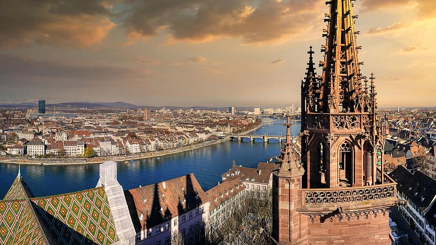 Basel, Rajna, templom, folyó, templomtorony, hidak, tetők, kilátás, felhők, város, svájc
