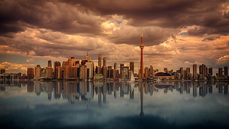 Торонто, линия горизонта, воды, заход солнца, рассвет, отражение, панорама, Канада, небо, облака, зеркальное отображение