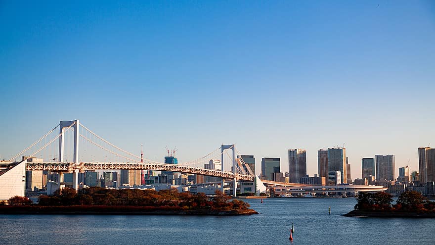 odaiba, Tokija, varavīksnes tilts, tilts, pilsēta, ēkām, ostā, Japāna, pilsētas ainava, slavenā vieta, arhitektūra