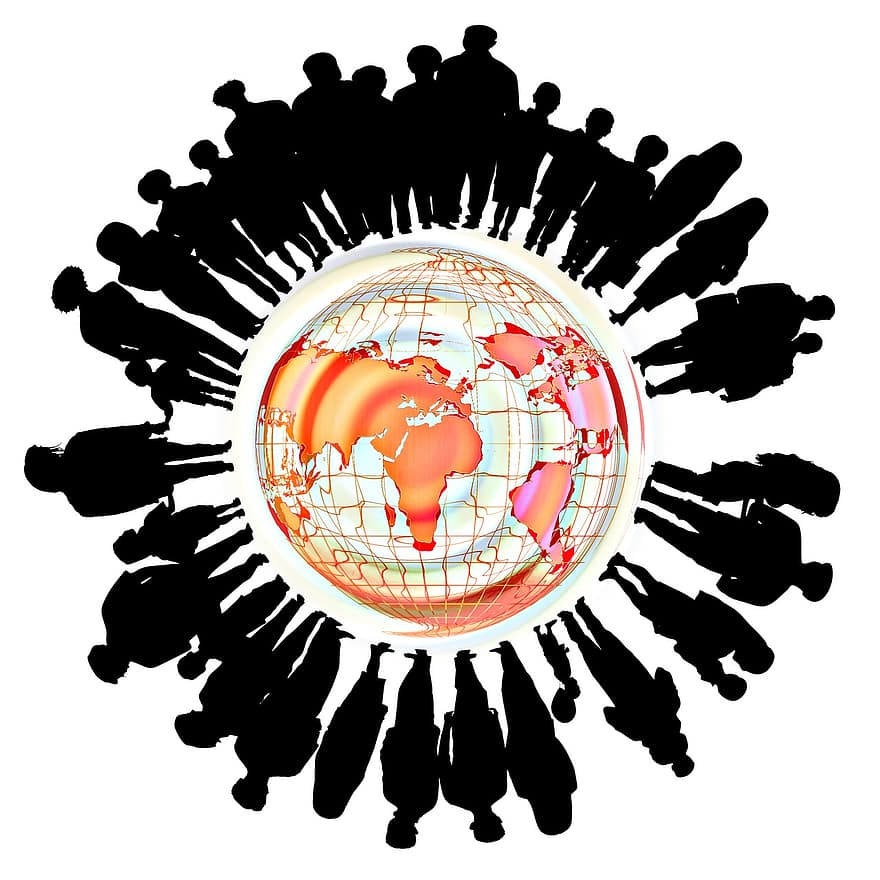pessoa, silhuetas, humano, jogo de sombras, globo, global, globalização, internacional, grupo, distrito, coletivo