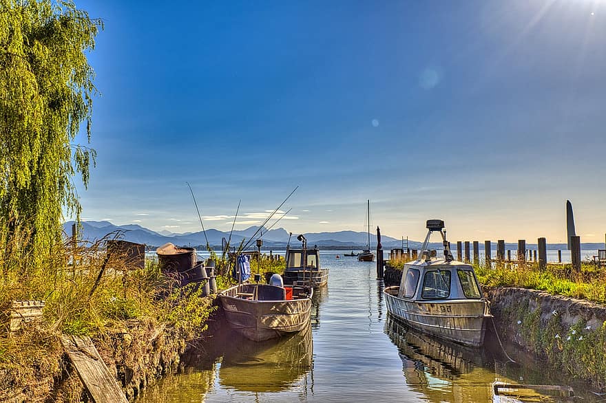 Pier, Web, Jetty, Anchorage, Boat, Waters, Lake, Landscape, Chiemsee, Upper Bavaria, Vacations