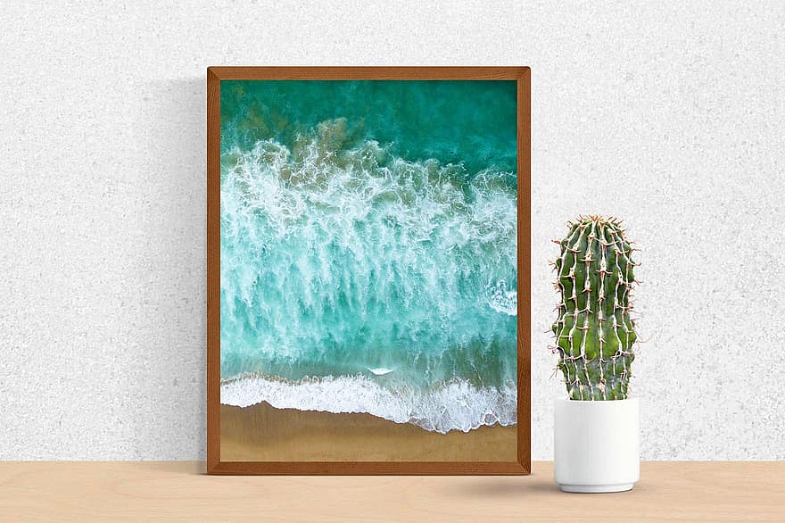 stůl, kaktus, malování, rám, obrázek, mořská malba, pláž malba, vln, moře, surfovat, pěna