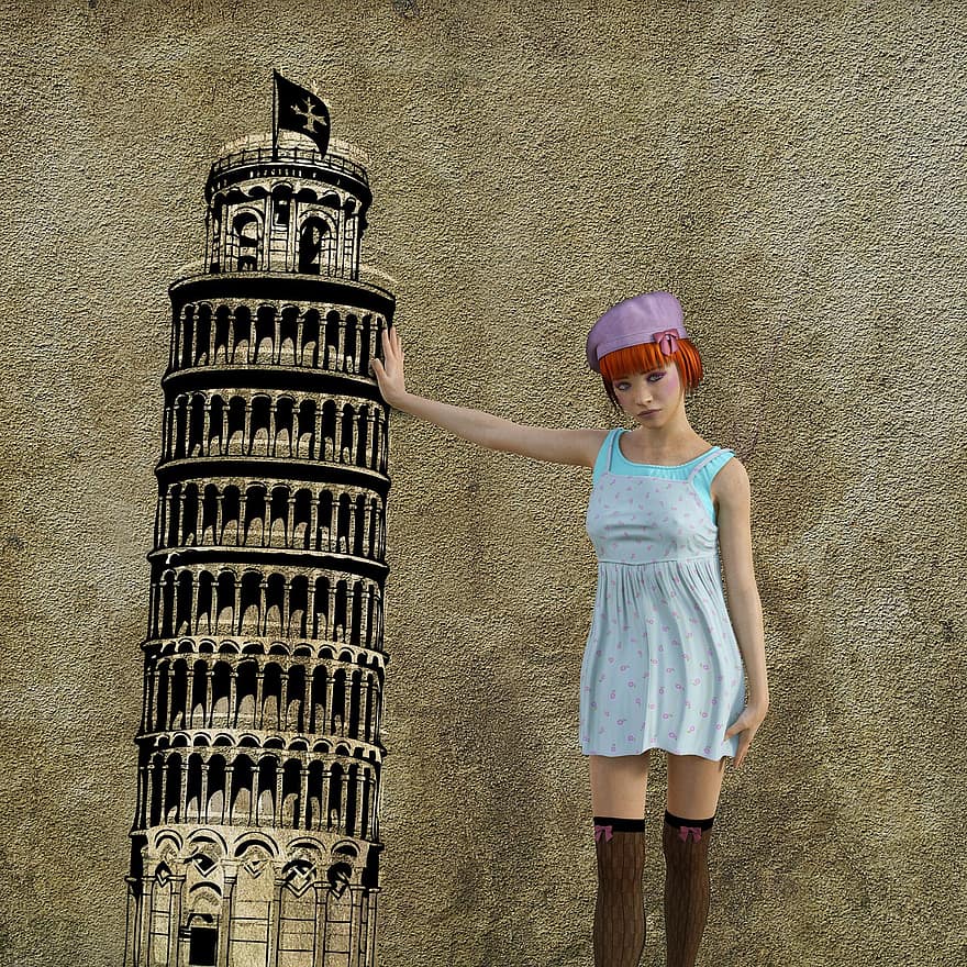 Woman, Facade, Painting, Portrait, Leaning Tower, Pisa, Girl, Young People, Teen, Cap, Expression