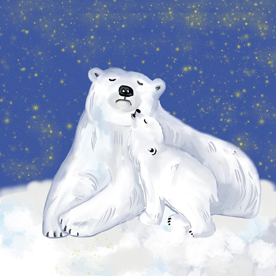 isbjörn, glaciär, snö, kall, skydd, djur, is, mamma, antarktis, söt, vild