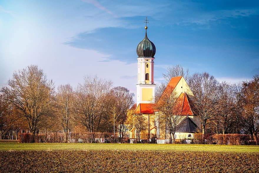 Kirche, Kirchturm, Feld, Bäume, Bayern, Winter, Christentum, Religion, die Architektur, berühmter Platz, Kulturen