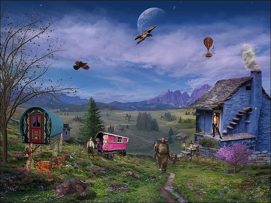 dom, krasnolud, hobbit, krajobraz, Wóz cygański, Fantazja, Góra, scena wiejska, trawa, lato, drewno