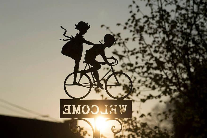 ký tên, Xe đạp, trang trí, xe đạp, bọn trẻ, chào mừng, Chào mừng Brown