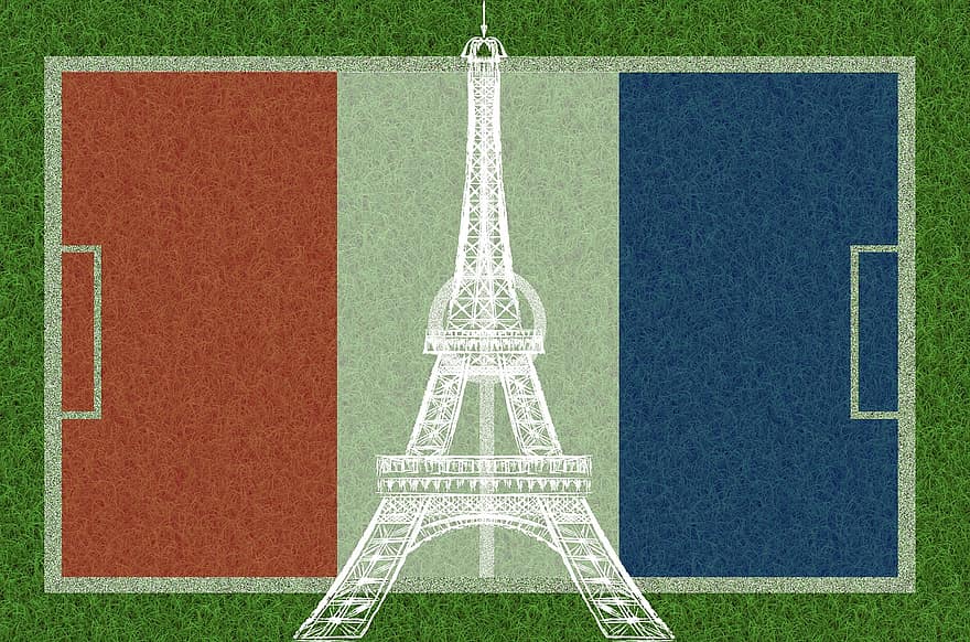 futebol, campo de jogo, Torre Eiffel, campeonato europeu, 2016, homens, em, esporte, penhor, sinete, bandeira
