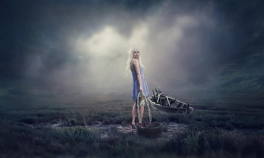 Woman, Boat, Shackled, Chain, Girl, Teenager, Teen, Alone, Wreckage, Meadow, Grass