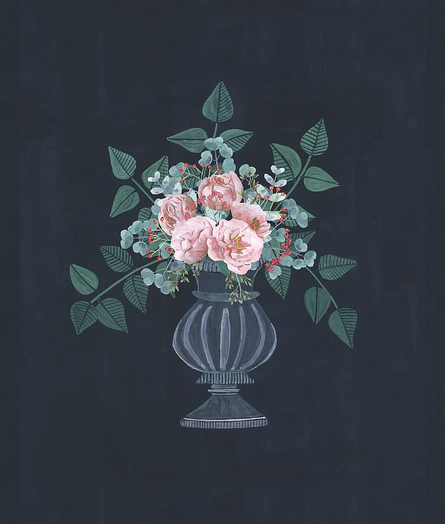 fiori, Rose, vaso, bouquet floreale, composizione floreale, inviti, Vintage ▾, fioritura, natura morta, floreale, acquerello