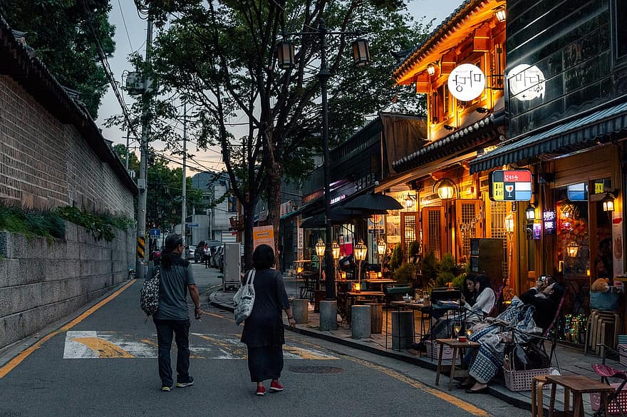 ソウル、韓国、夜の街、散歩、テラス、ベランダ、カフェ、通り、アジア、シティ、夜