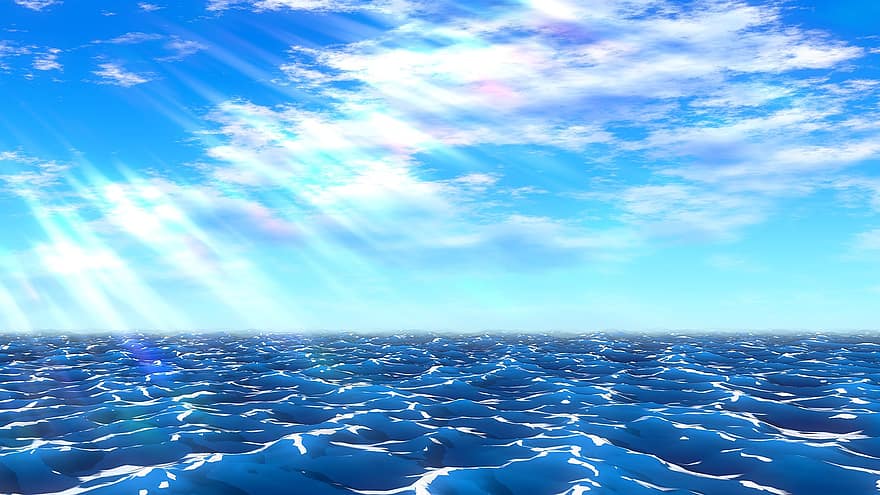 morze, ocean, chmury, Anime, woda, blask, miękkość, światło słoneczne, morski