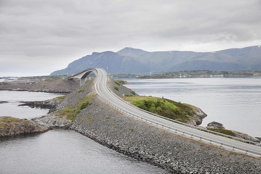 다리, 도로, 고속도로, 교차점, 호수, 산들, 노르웨이