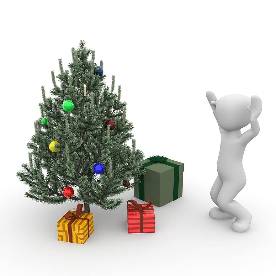 jul, fyrretræ, juletræ, pakket, gaver, festlig
