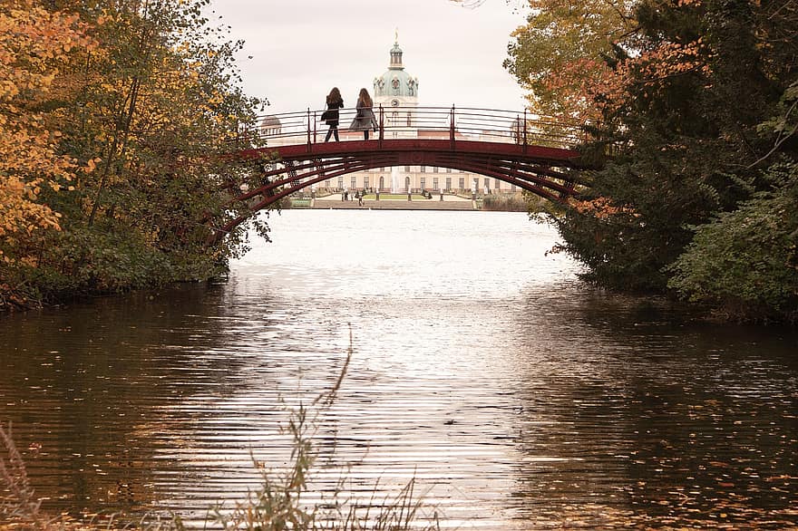 elv, bro, trær, blader, festning, borg, innsjø, vann, himmel, Potsdam